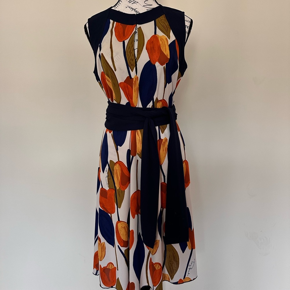 Tory Burch Navy and Orange Floral Midi Dress